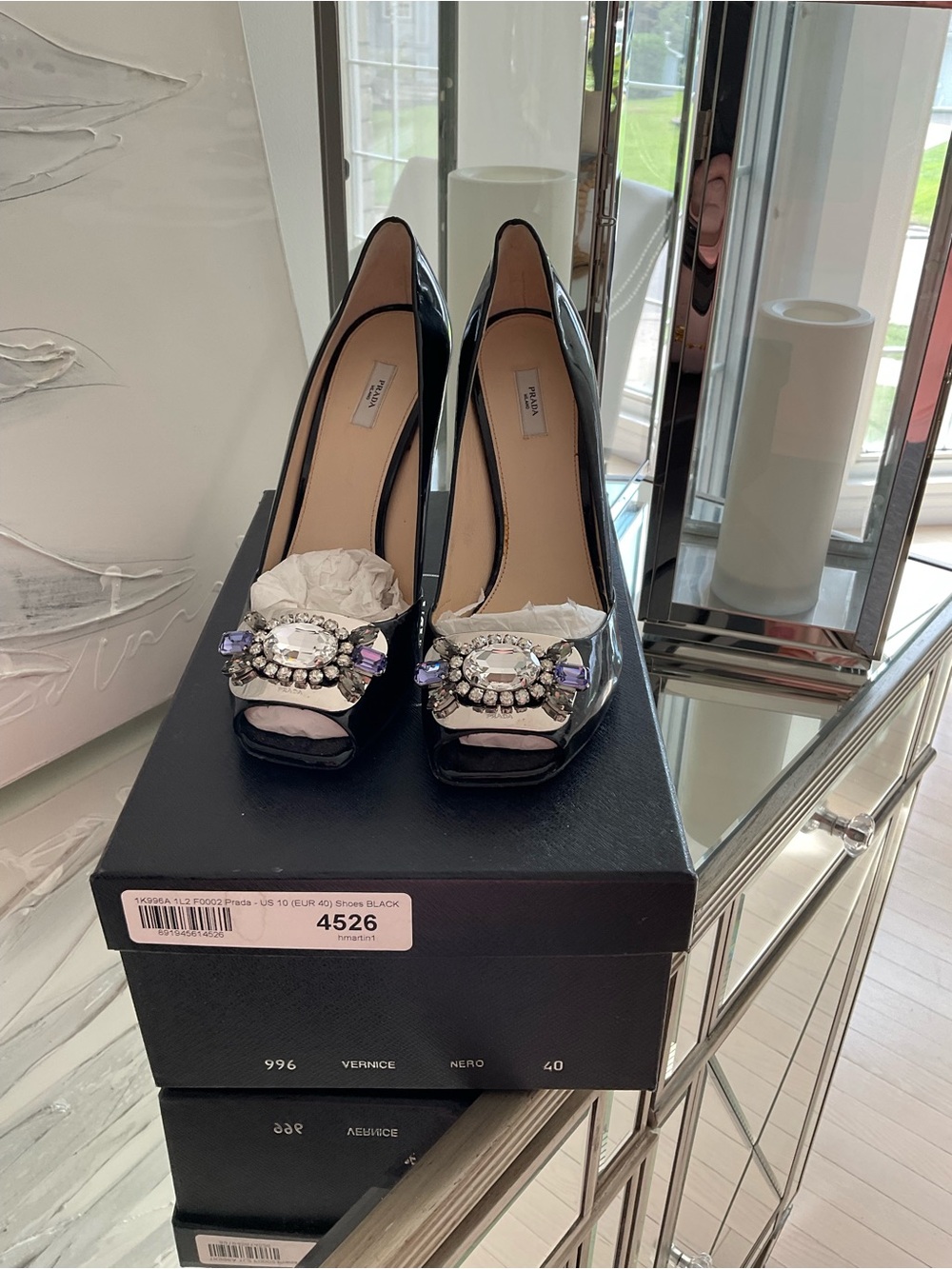 Prada Black Patent Leather Jeweled Block-Heel Pumps